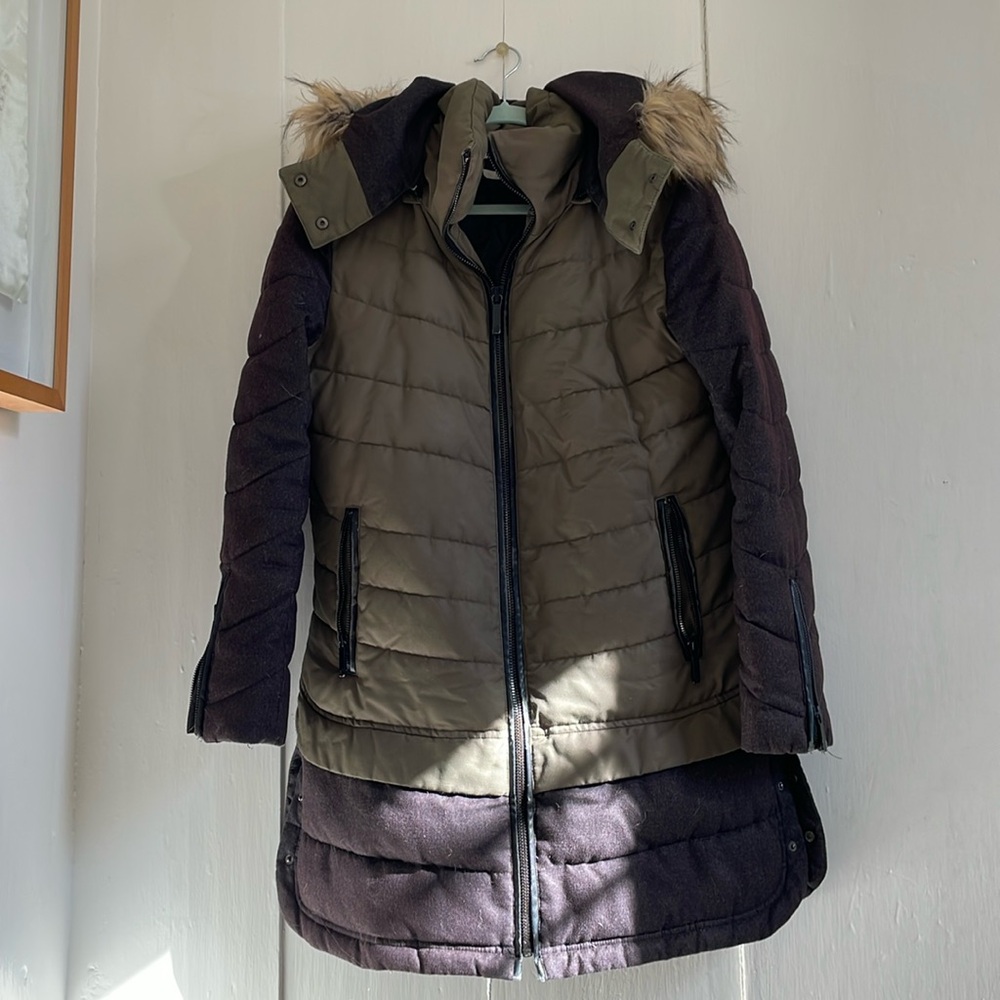 Women’s hooded coat from Nordstrom in olive and charcoal gray faux fur hood trim